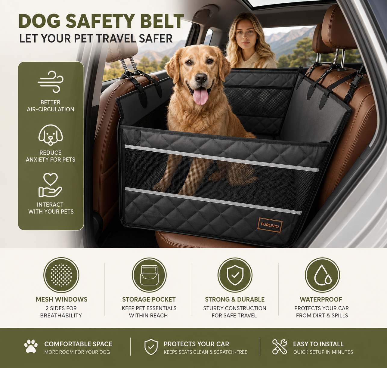 Waterproof Dog Car Seat Hammock for Medium Large Dogs